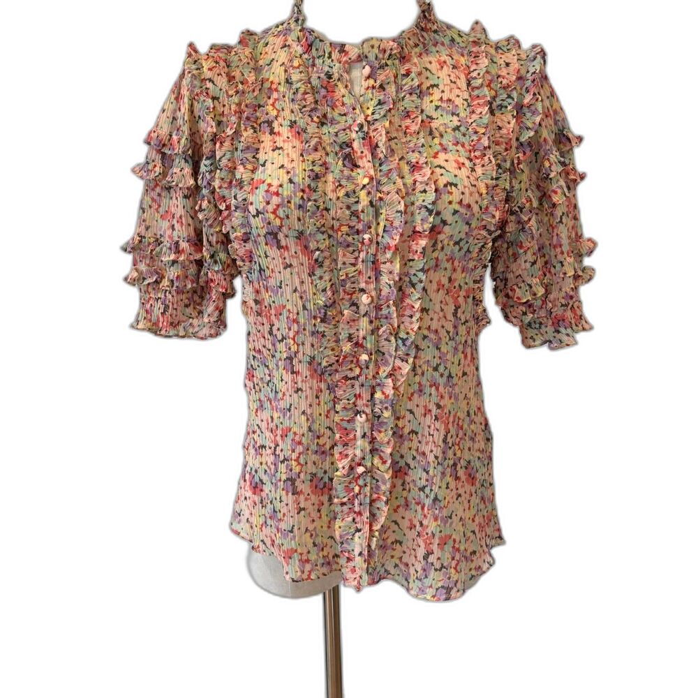 Rebecca Taylor Margo Floral Ruffled Button Front Blouse Silk Cotton Size 6 $350